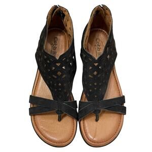 Rockport Women's Cobb Hill Black Leather Laser Cut Design Flat Sandals Size 8.5